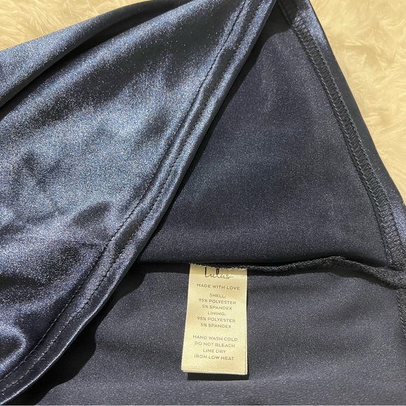 NWT LULUS Boasting Beauty Navy Blue Satin Twist-Front Faux-Wrap Mini Dress - Picture 5 of 10